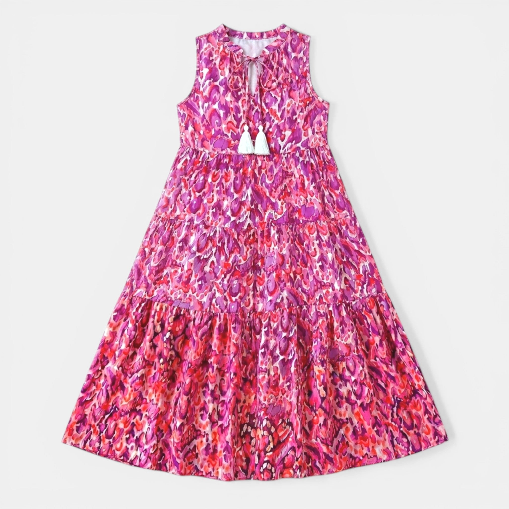 Women’s Printed Midi Dress – Sleeveless Tassel Tie