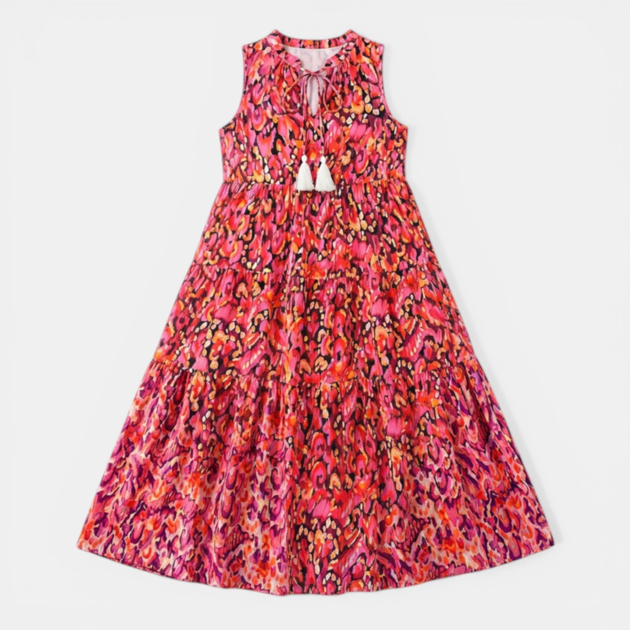 Women’s Printed Midi Dress – Sleeveless Tassel Tie