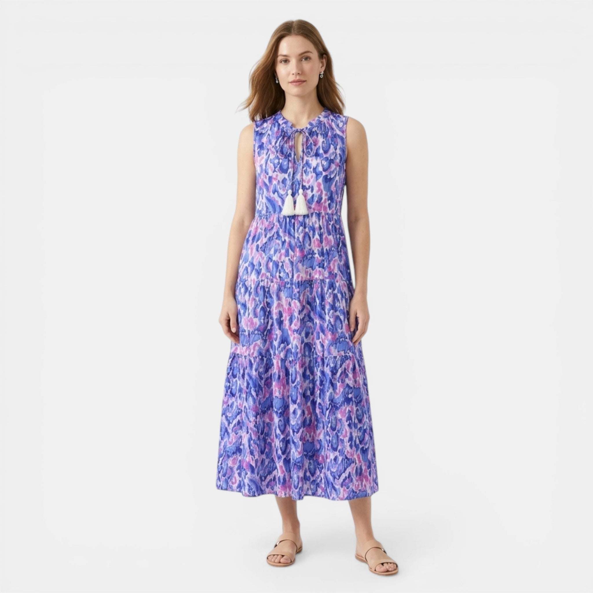 Women’s Printed Midi Dress – Sleeveless Tassel Tie