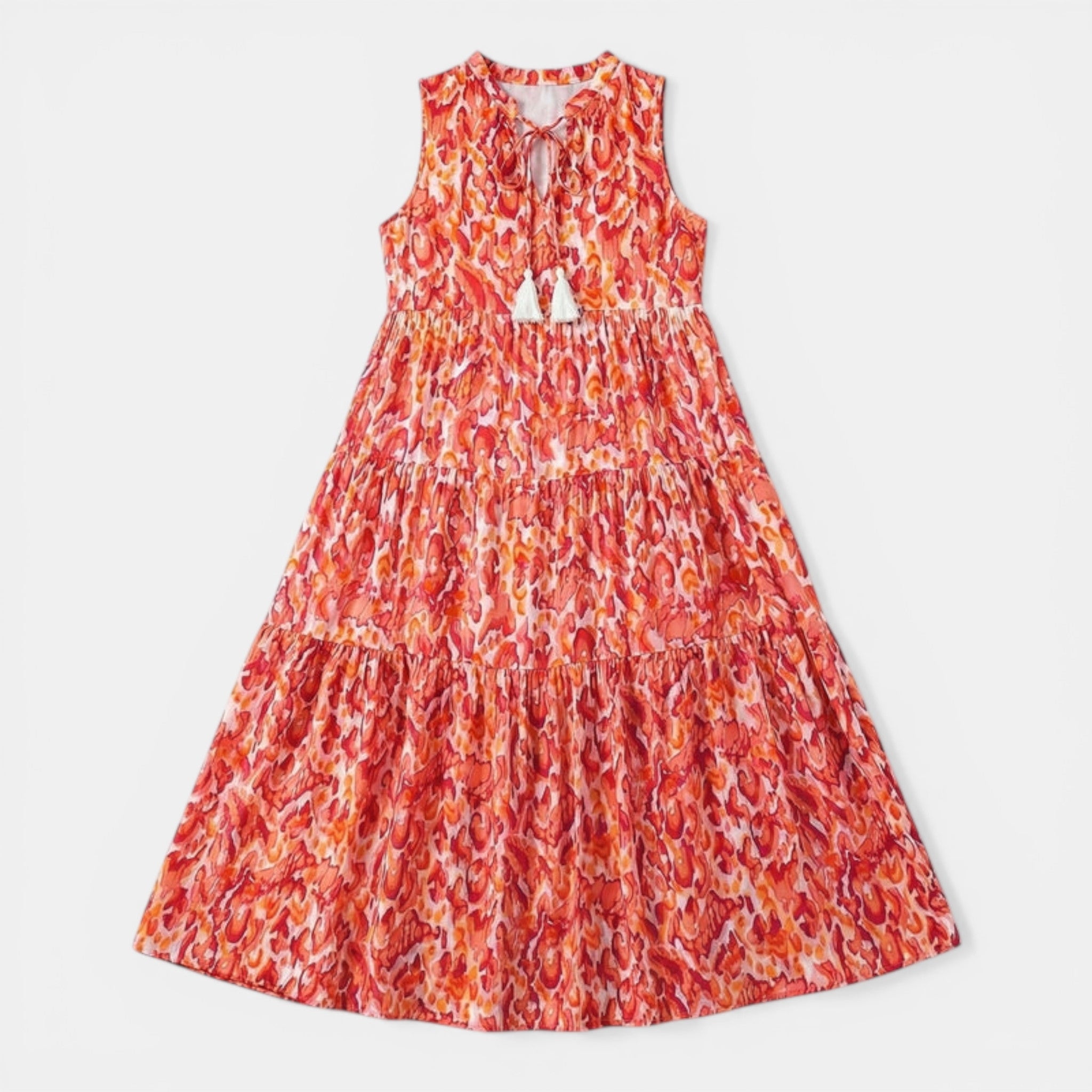 Women’s Printed Midi Dress – Sleeveless Tassel Tie