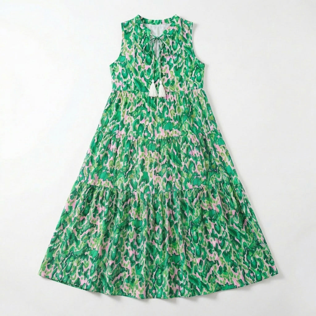 Women’s Printed Midi Dress – Sleeveless Tiered Style