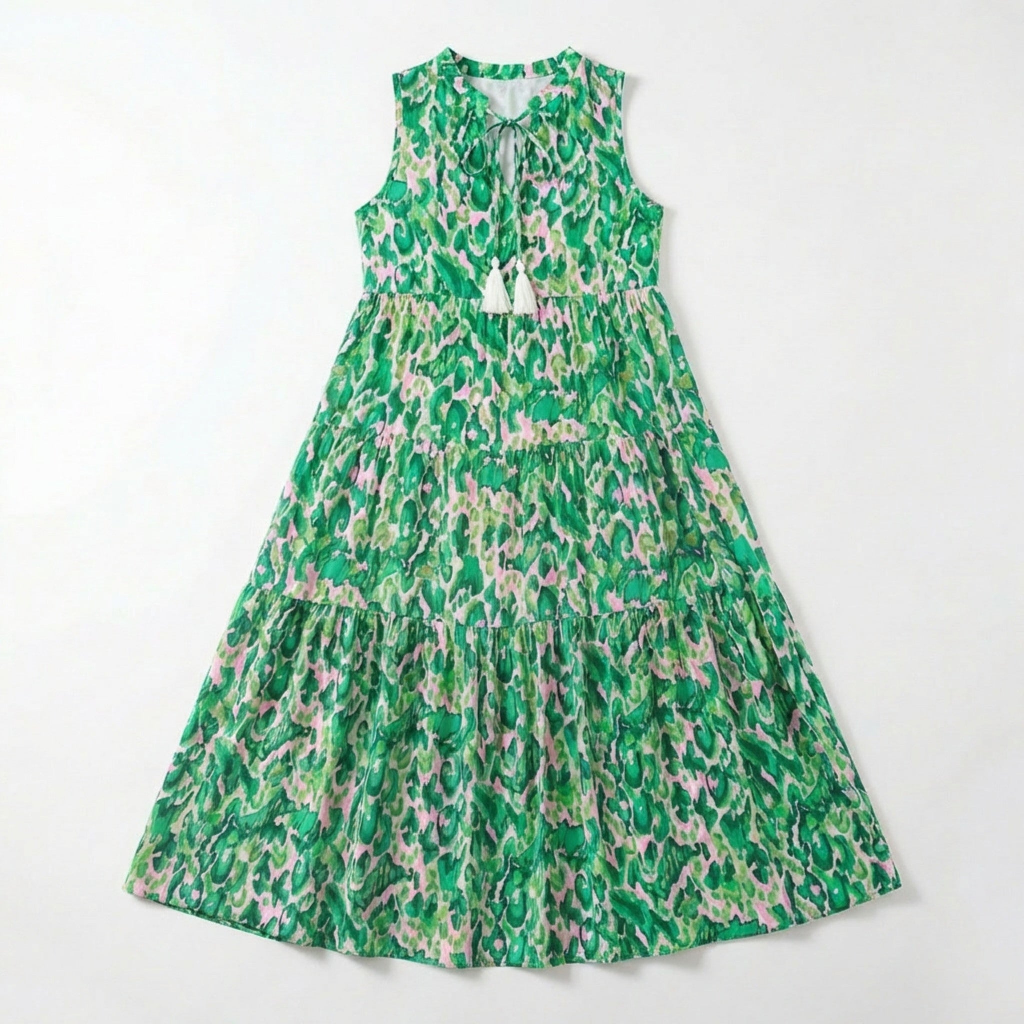 Women’s Printed Midi Dress – Sleeveless Tiered Style