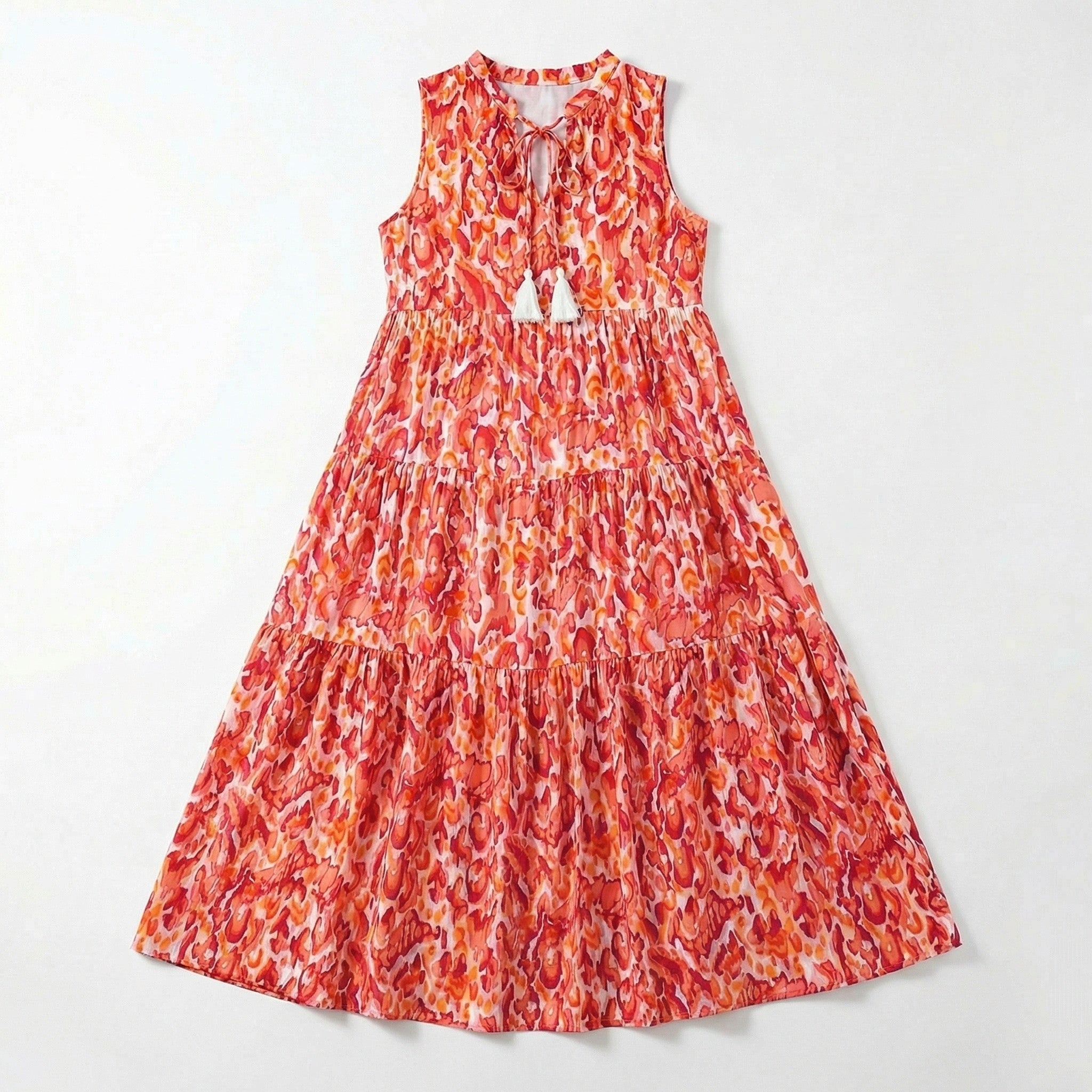 Women’s Printed Midi Dress – Sleeveless Tiered Style