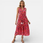 Women’s Printed Midi Dress – Sleeveless Tiered Style