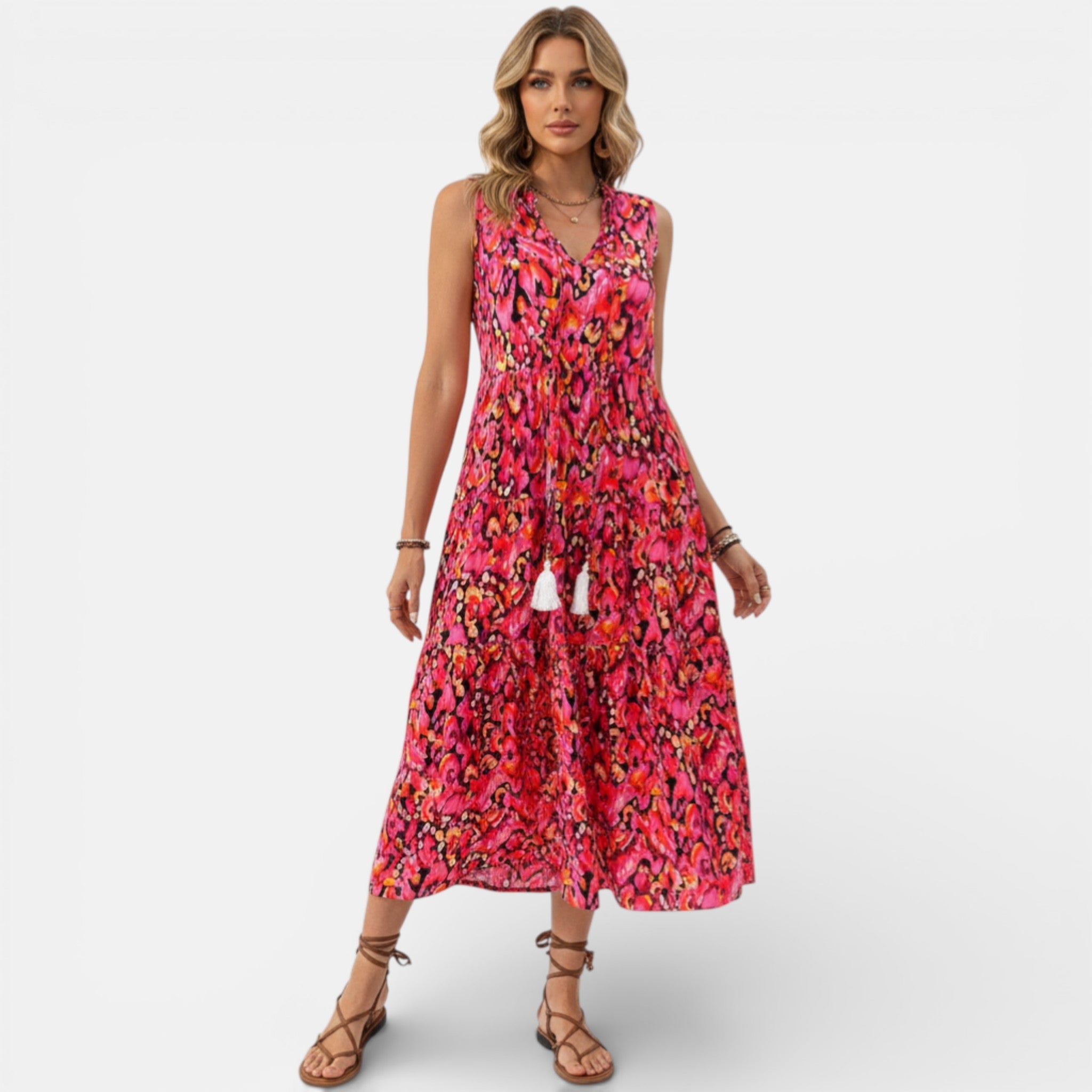Women’s Printed Midi Dress – Sleeveless Tiered Style