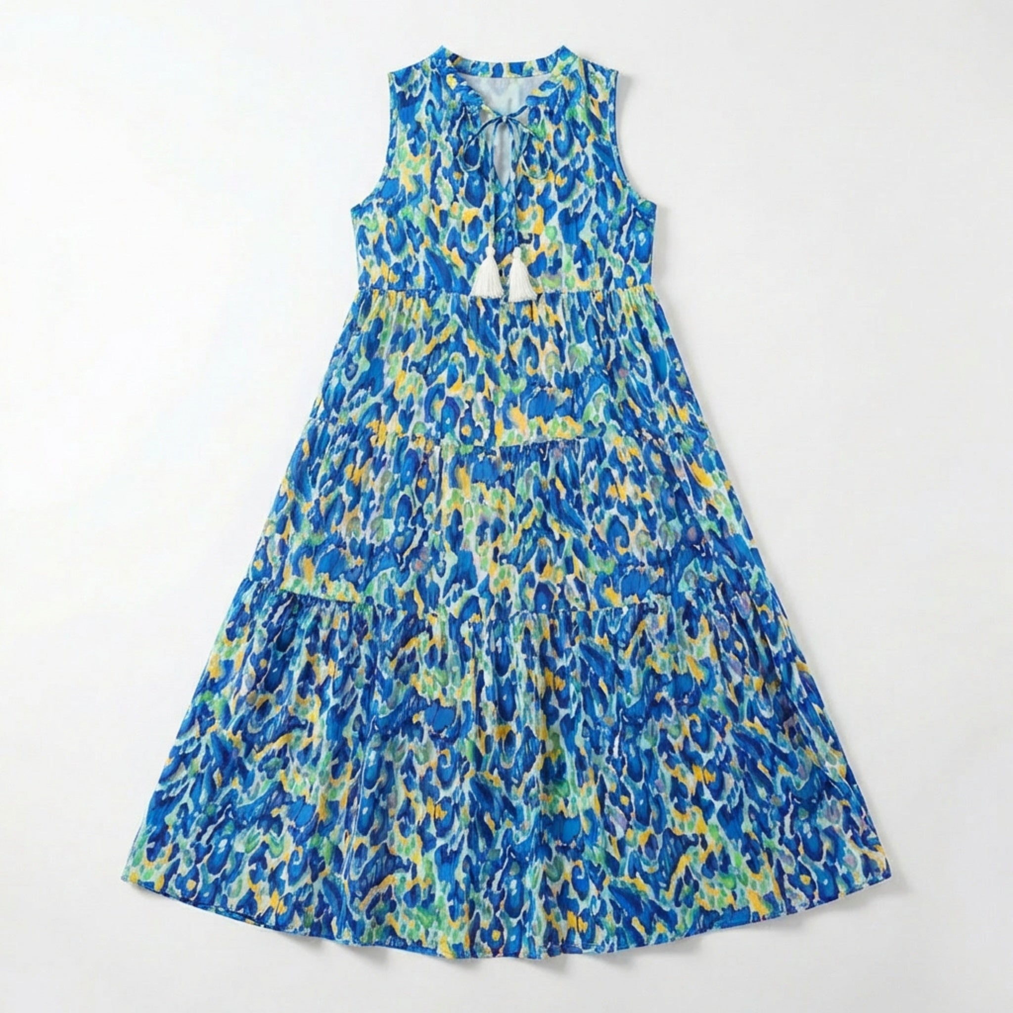 Women’s Printed Midi Dress – Sleeveless Tiered Style