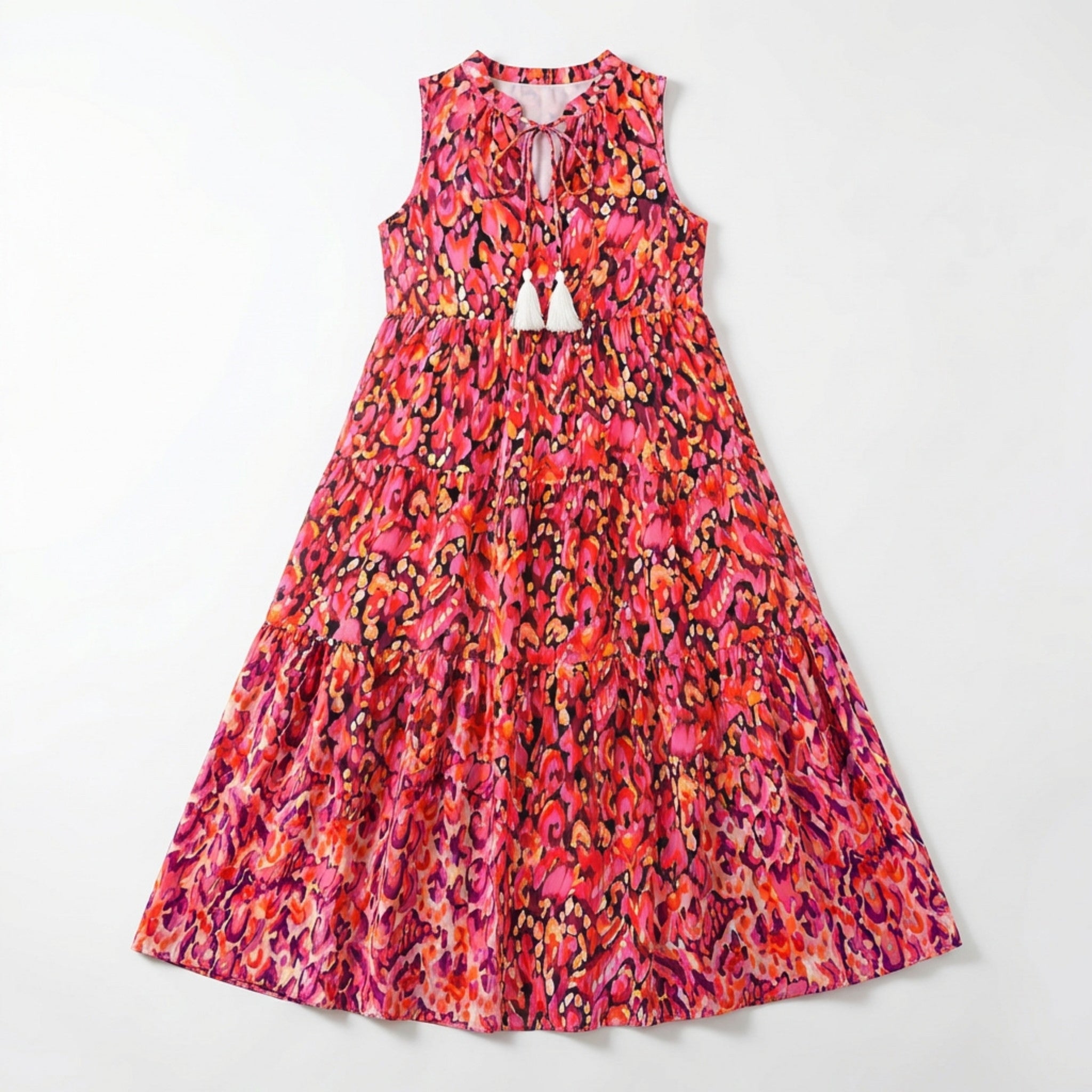 Women’s Printed Midi Dress – Sleeveless Tiered Style