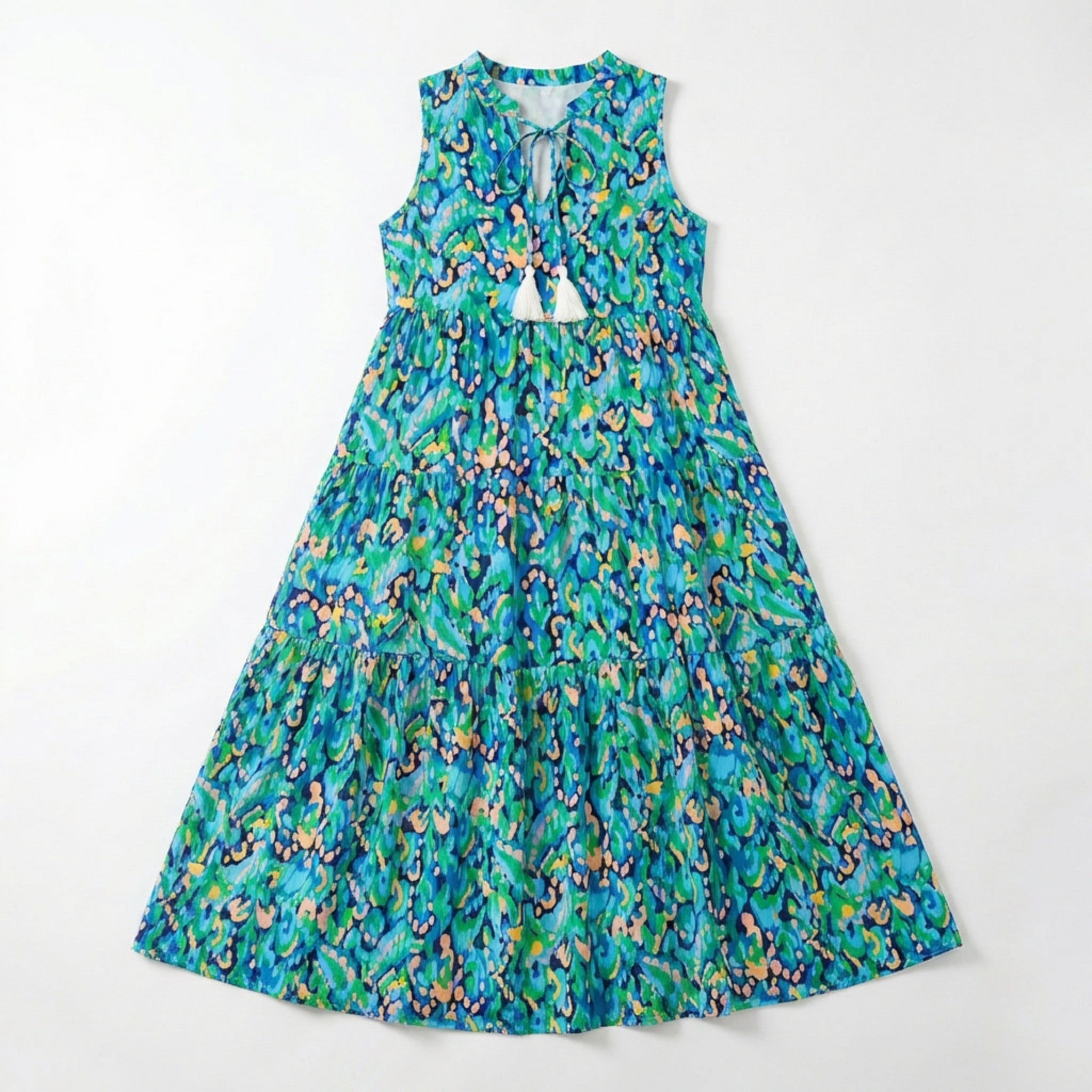 Women’s Printed Midi Dress – Sleeveless Tiered Style