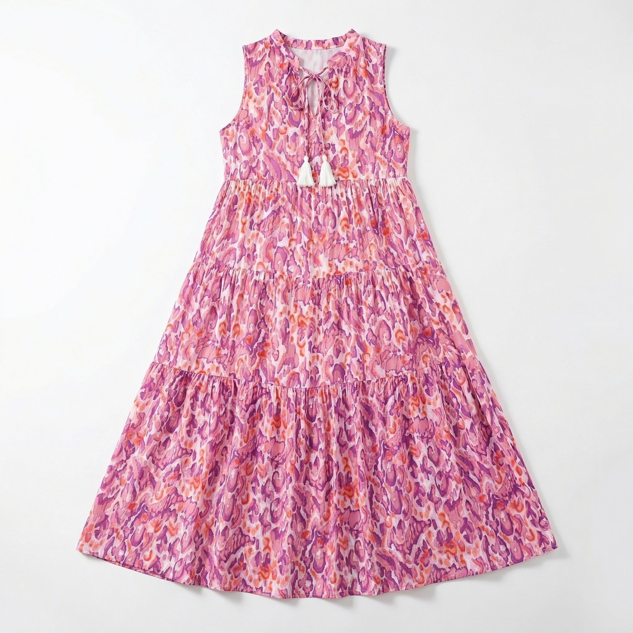 Women’s Printed Midi Dress – Sleeveless Tiered Style