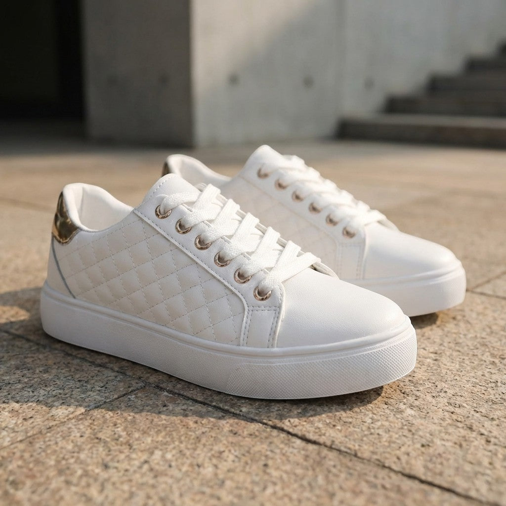 Women’s Quilted Lace-Up Sneakers – Low-Top Casual Style