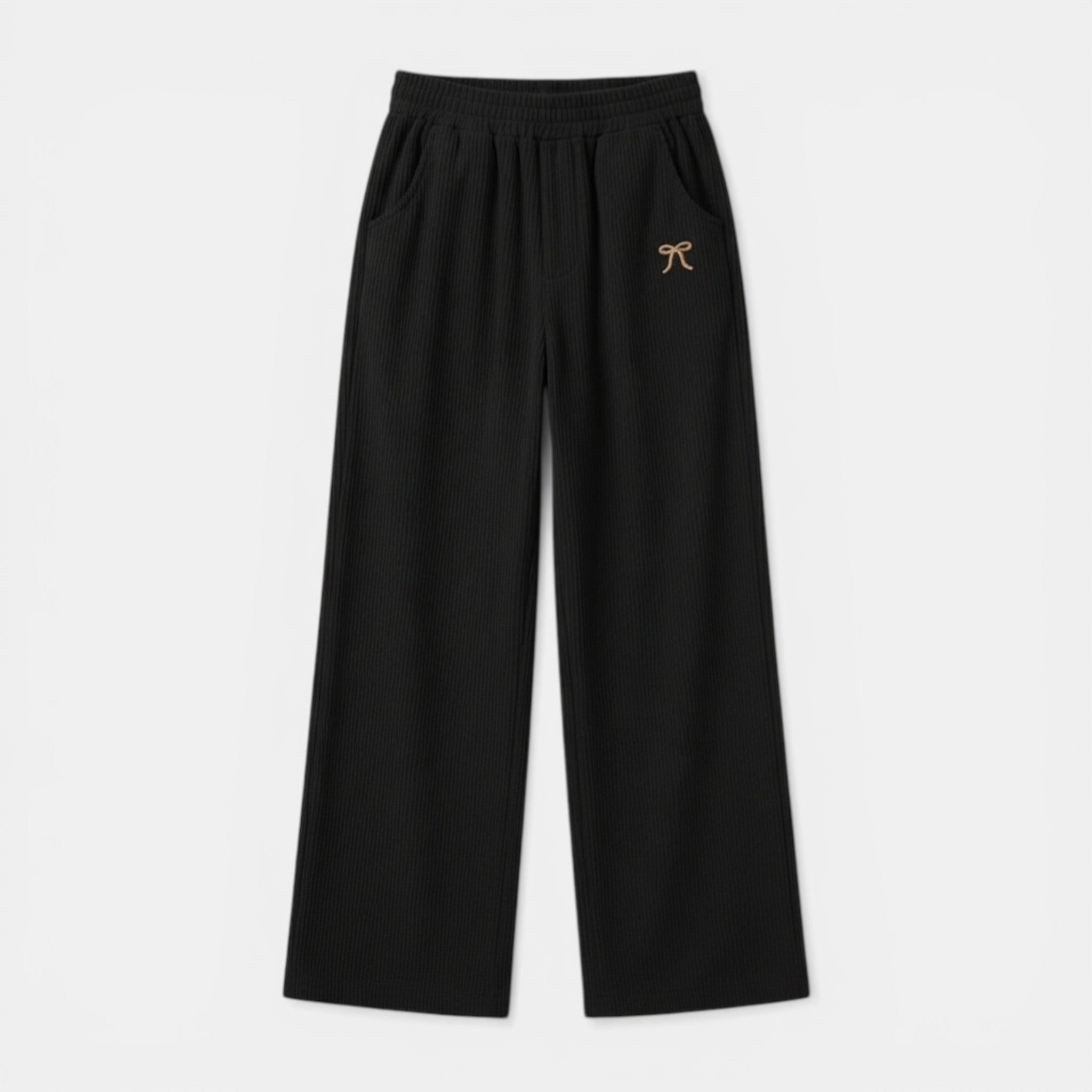 Women’s Ribbed Straight-Leg Pants – Embroidered Detail Design