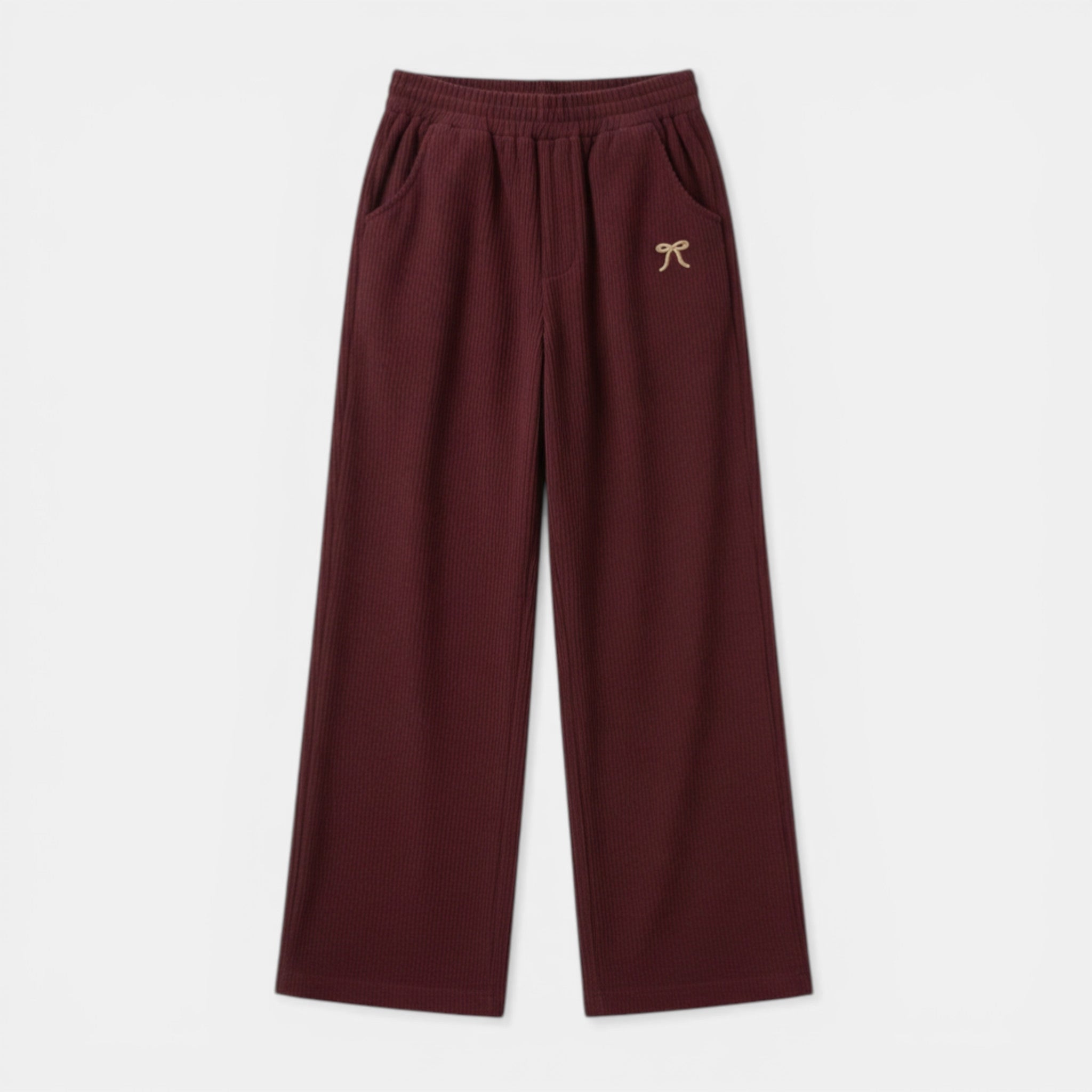 Women’s Ribbed Straight-Leg Pants – Embroidered Detail Design