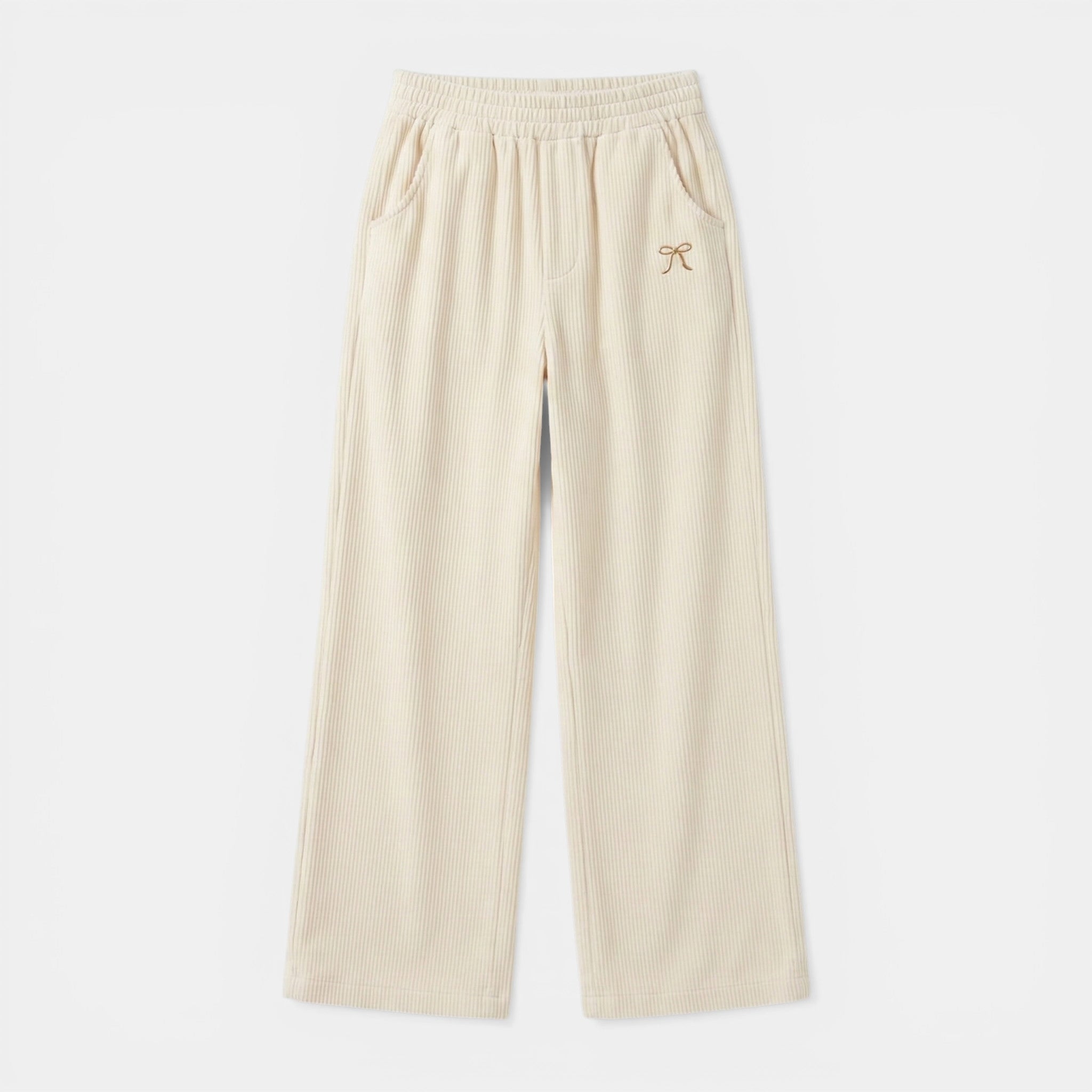 Women’s Ribbed Straight-Leg Pants – Embroidered Detail Design