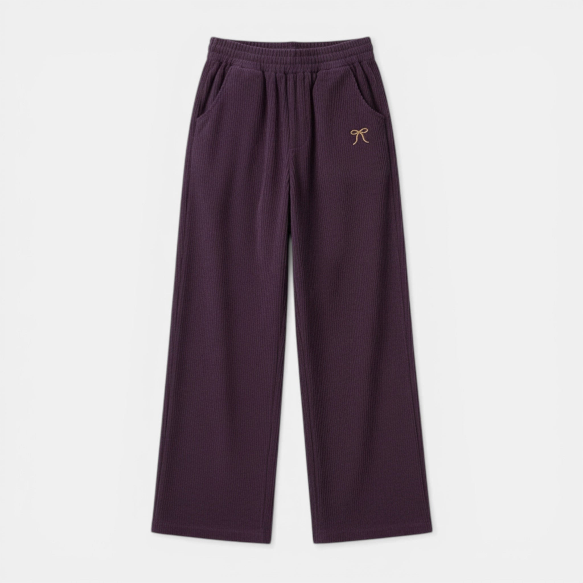 Women’s Ribbed Straight-Leg Pants – Embroidered Detail Design