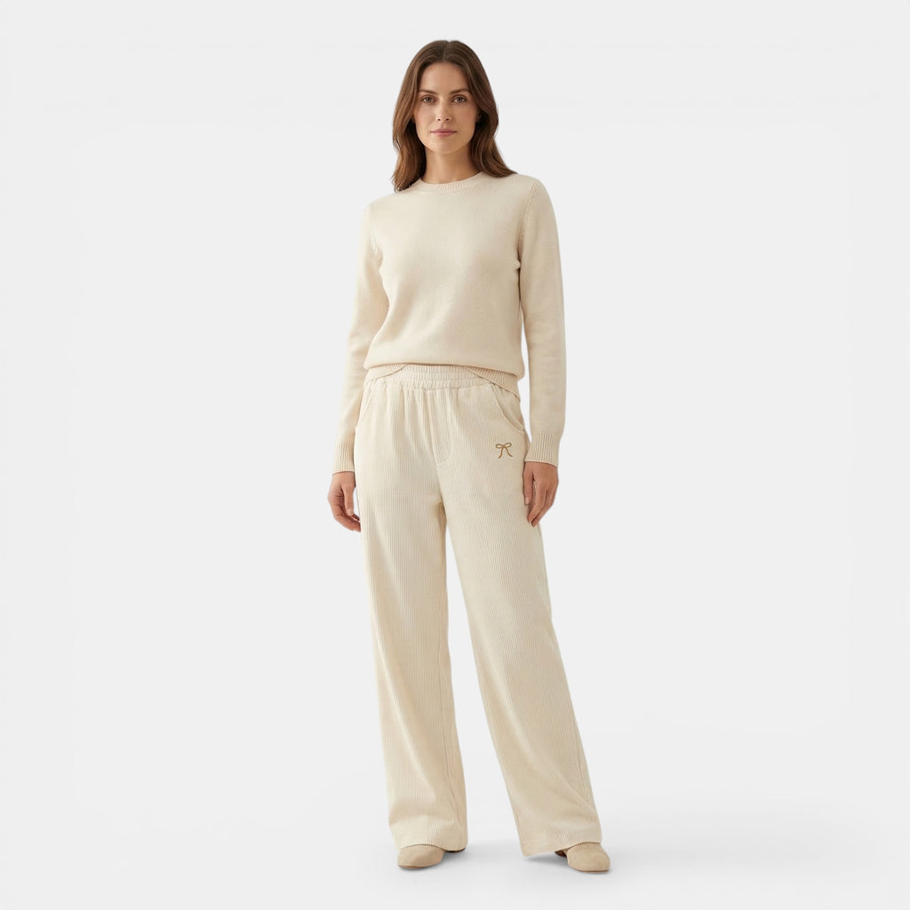 Women’s Ribbed Straight-Leg Pants – Embroidered Detail Design