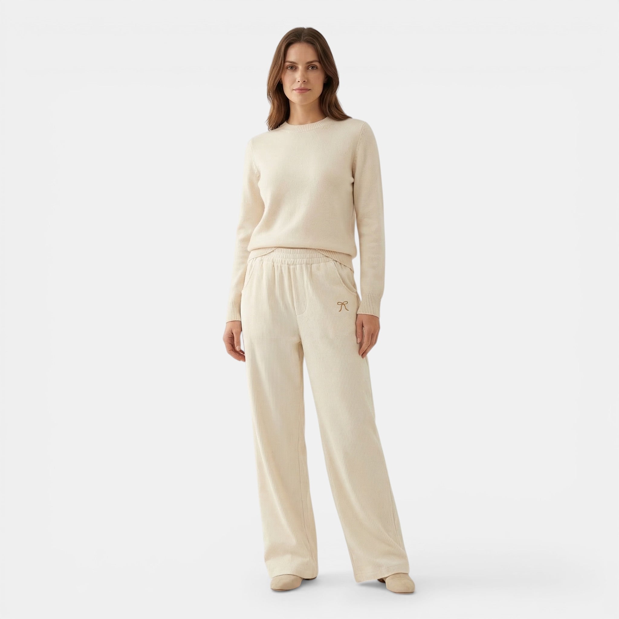 Women’s Ribbed Straight-Leg Pants – Embroidered Detail Design