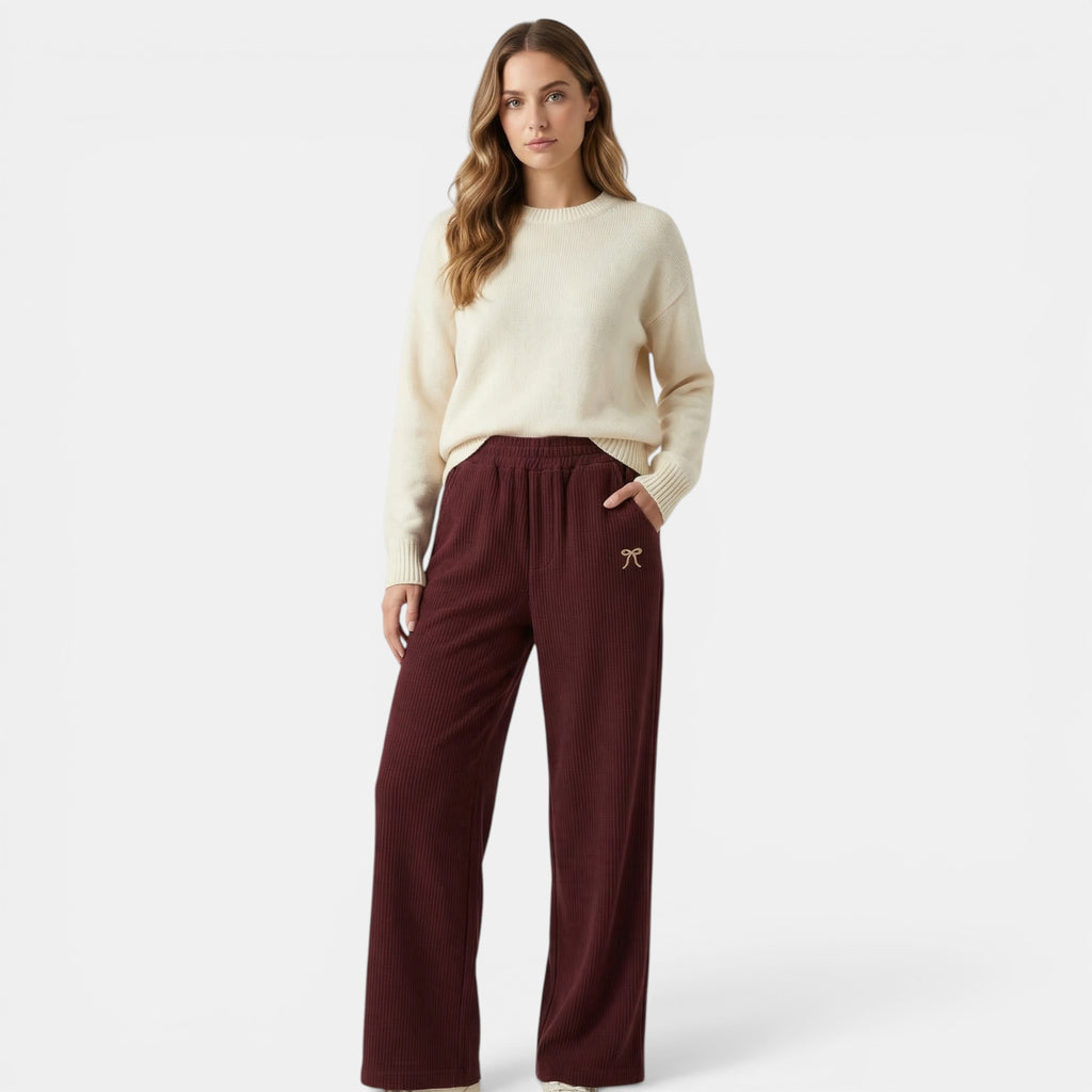 Women’s Ribbed Straight-Leg Pants – Embroidered Detail Design
