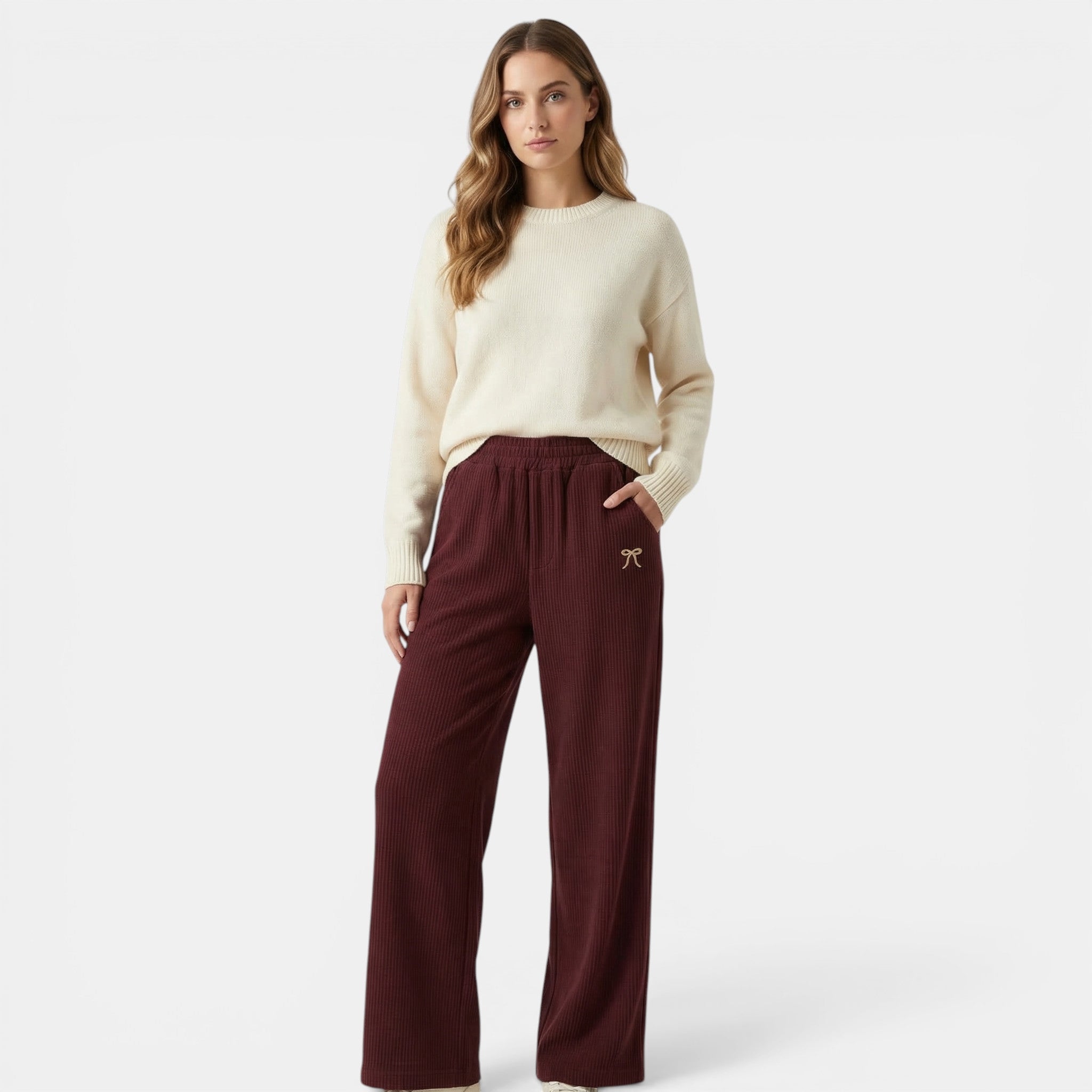 Women’s Ribbed Straight-Leg Pants – Embroidered Detail Design
