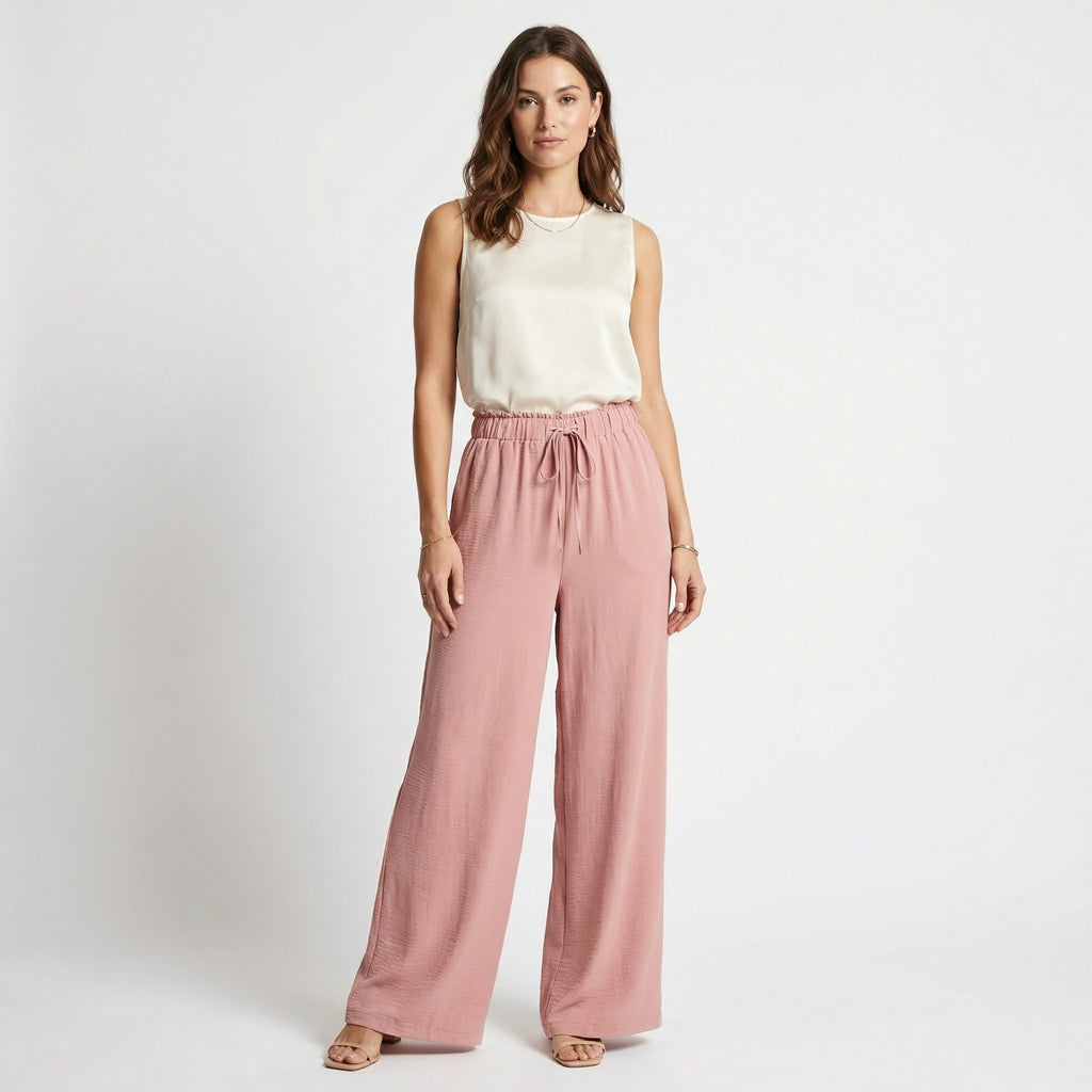 Women’s High-Rise Wide-Leg Pants – Adjustable Waist Tie