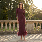 Women’s Scoop Neck Midi Dress – Sheath Feather Hem