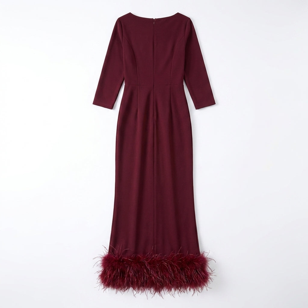 Women’s Scoop Neck Midi Dress – Sheath Feather Hem
