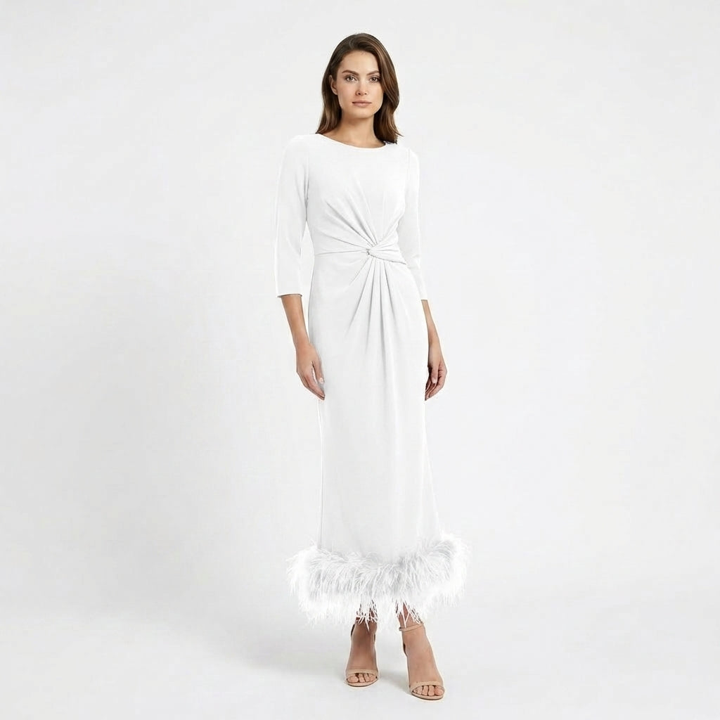 Women’s Scoop Neck Midi Dress – Sheath Feather Hem