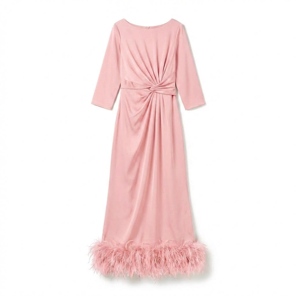 Women’s Scoop Neck Midi Dress – Sheath Feather Hem