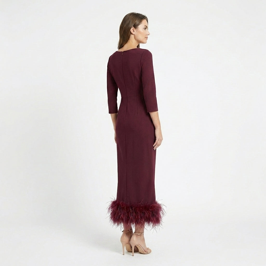 Women’s Scoop Neck Midi Dress – Sheath Feather Hem