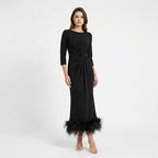 Women’s Scoop Neck Midi Dress – Sheath Feather Hem