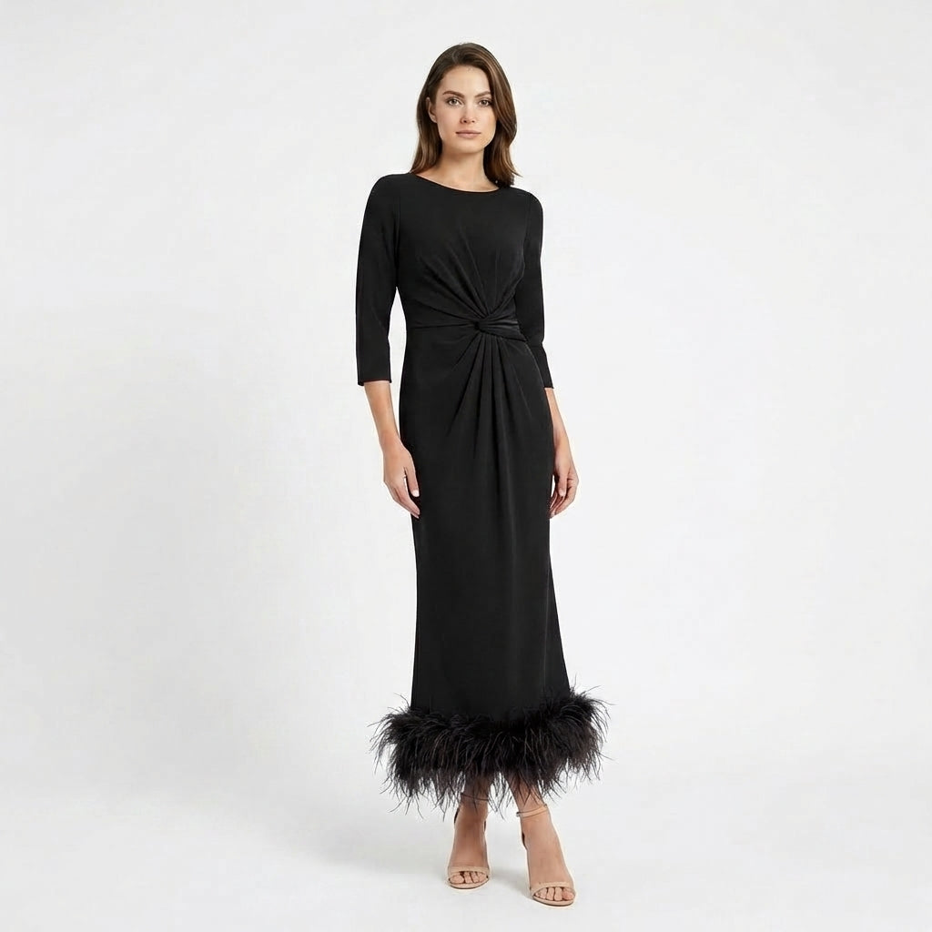 Women’s Scoop Neck Midi Dress – Sheath Feather Hem
