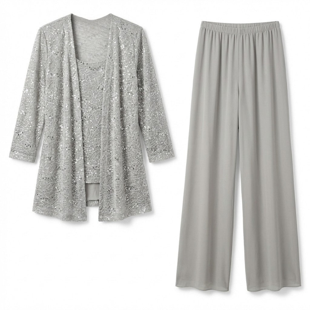 Women’s Sequin Detail Pantsuit – Scoop Neck Jacket Set
