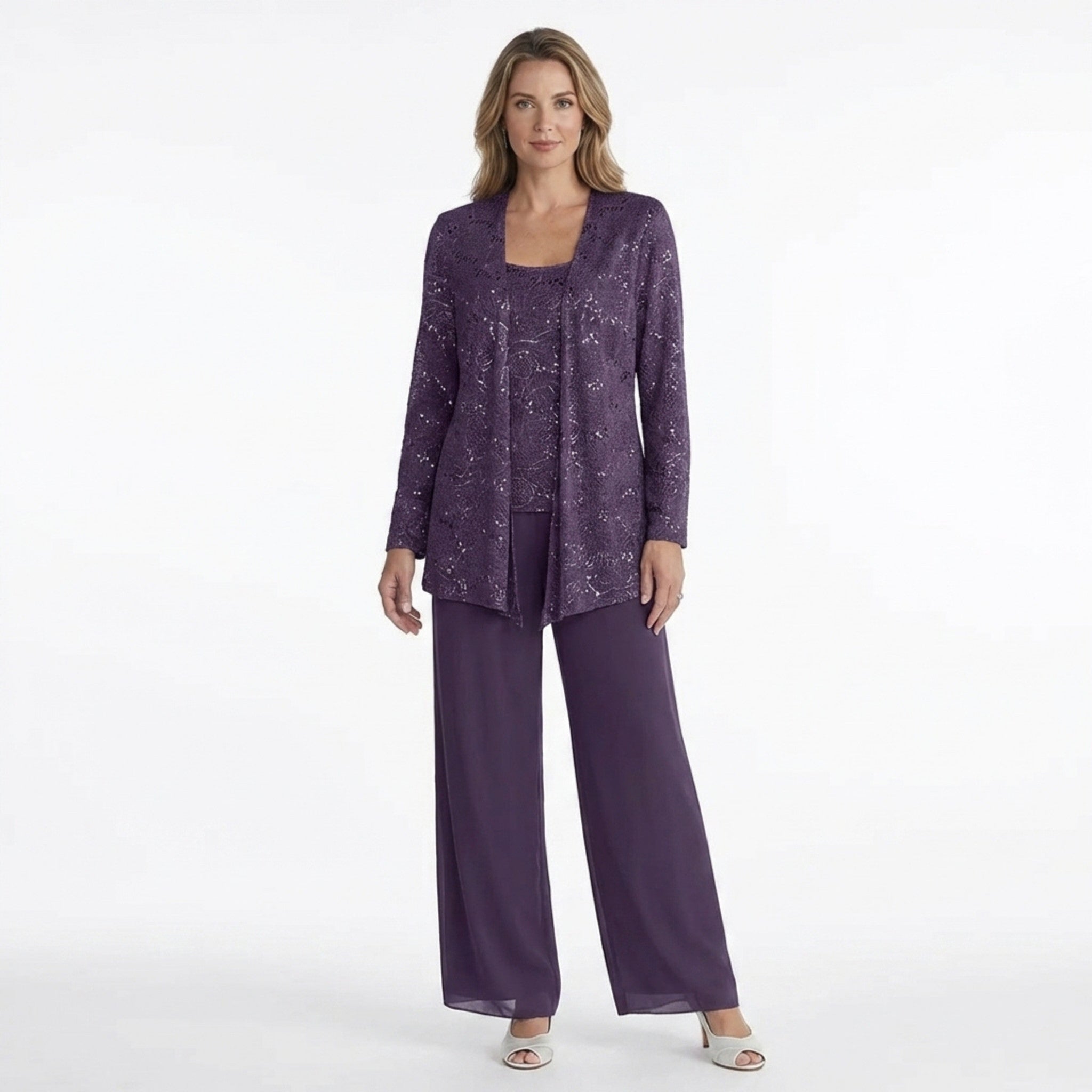 Women’s Sequin Detail Pantsuit – Scoop Neck Jacket Set