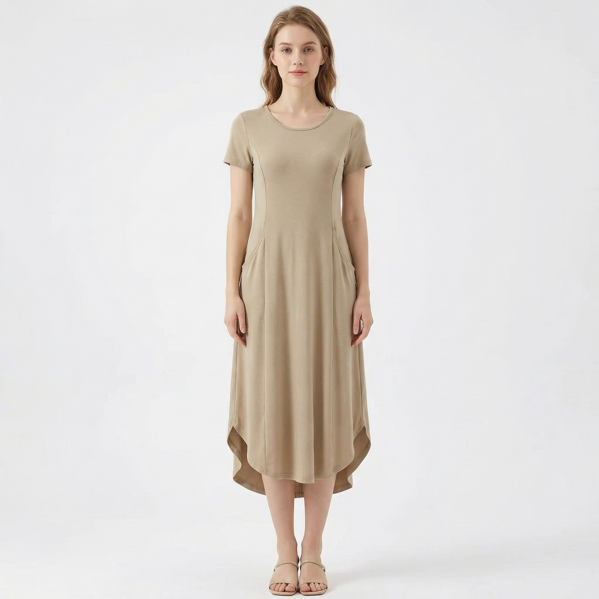 Women’s Short Sleeve Midi Dress – Round Neck Fit and Flare