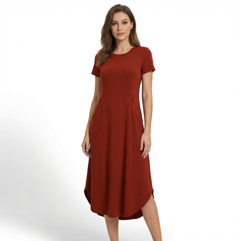 Women’s Short Sleeve Midi Dress – Round Neck Fit and Flare