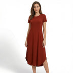 Women’s Short Sleeve Midi Dress – Round Neck Fit and Flare