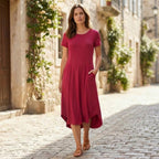 Women’s Short Sleeve Midi Dress – Round Neck Fit and Flare