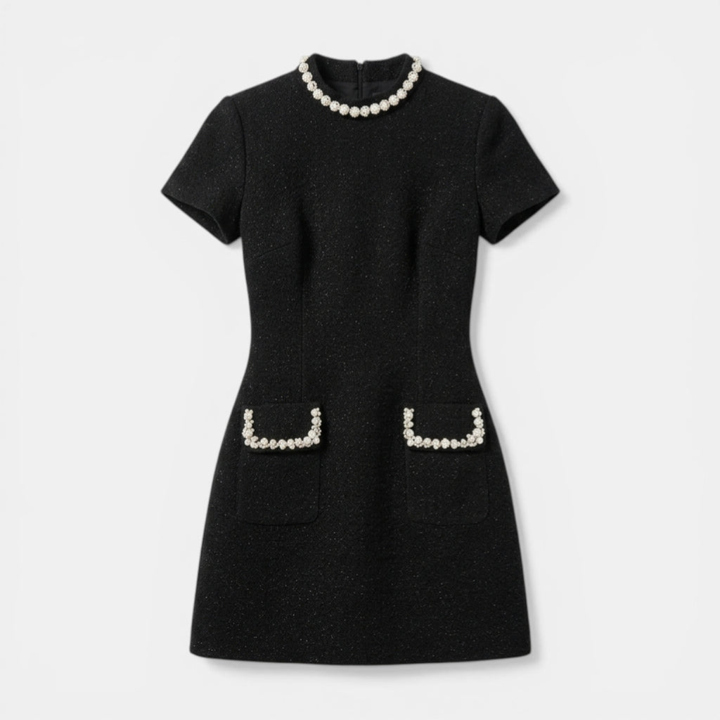 Women’s Short Sleeve Mini Dress – Pearl Trim Pockets