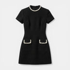 Women’s Short Sleeve Mini Dress – Pearl Trim Pockets