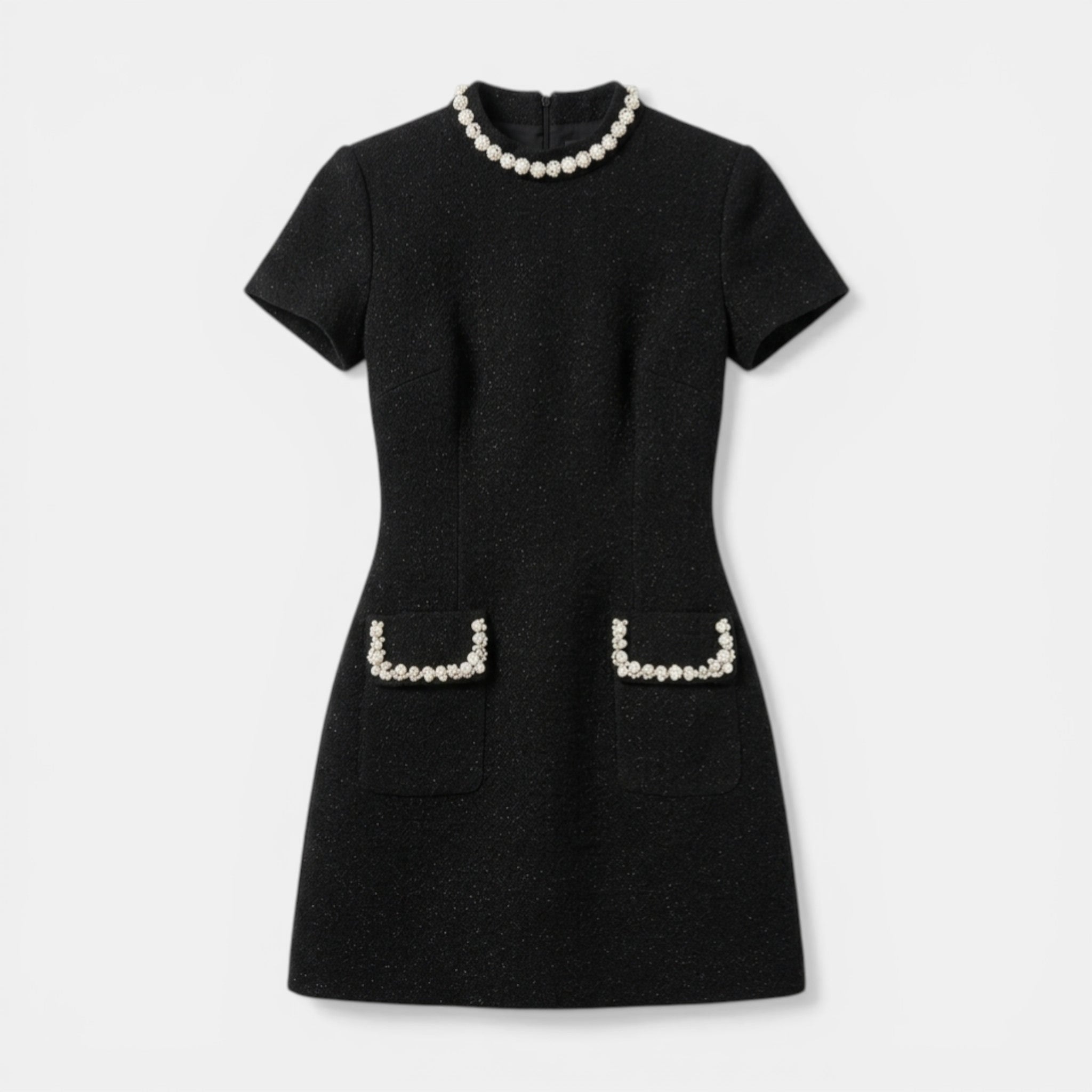 Women’s Short Sleeve Mini Dress – Pearl Trim Pockets