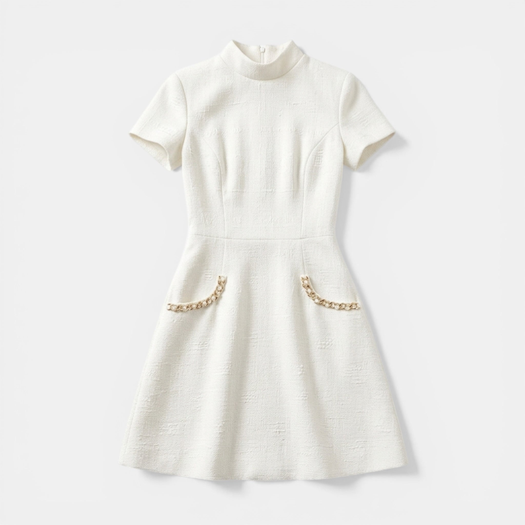 Women’s Short Sleeve Mini Dress – Pearl Trim Pockets