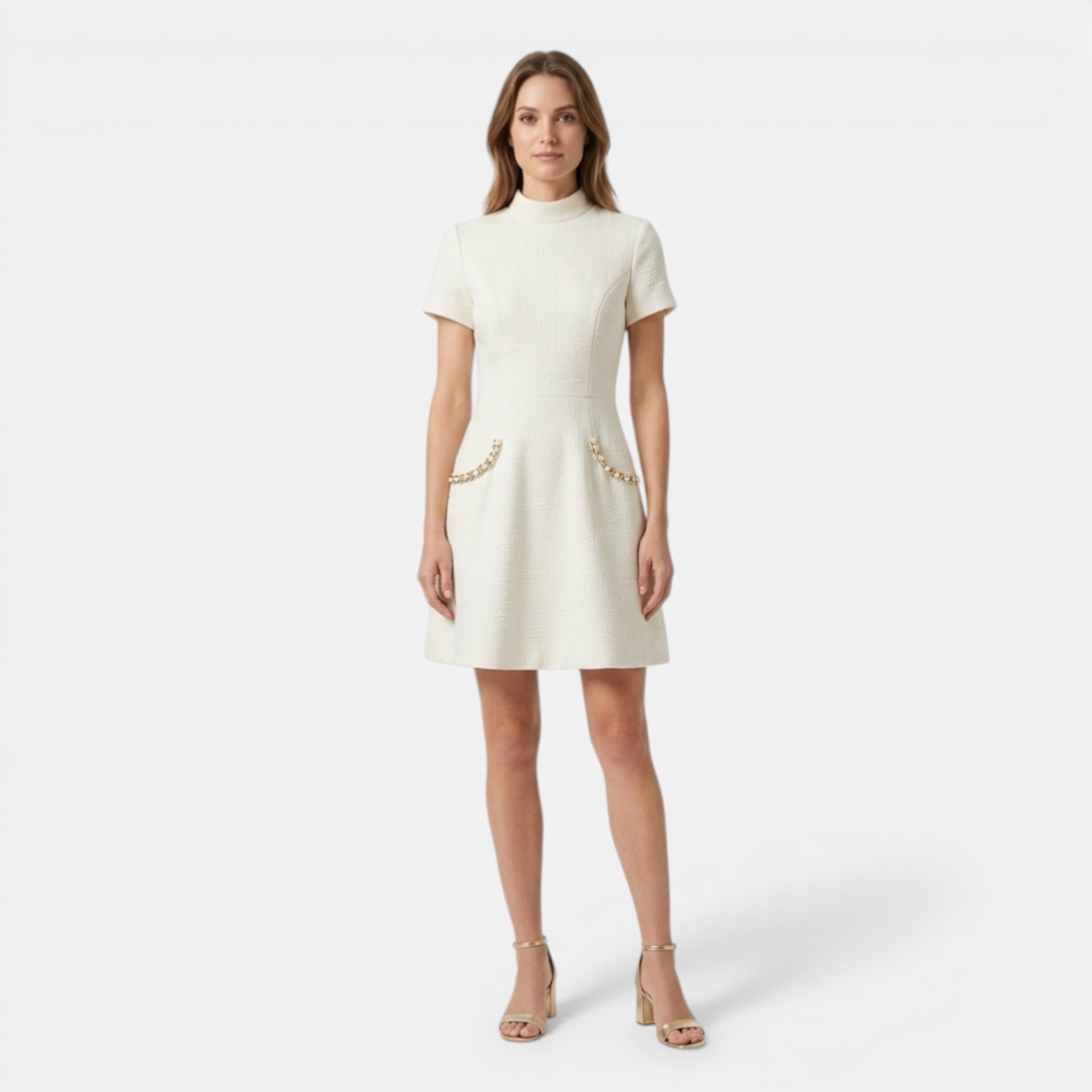 Women’s Short Sleeve Mini Dress – Pearl Trim Pockets