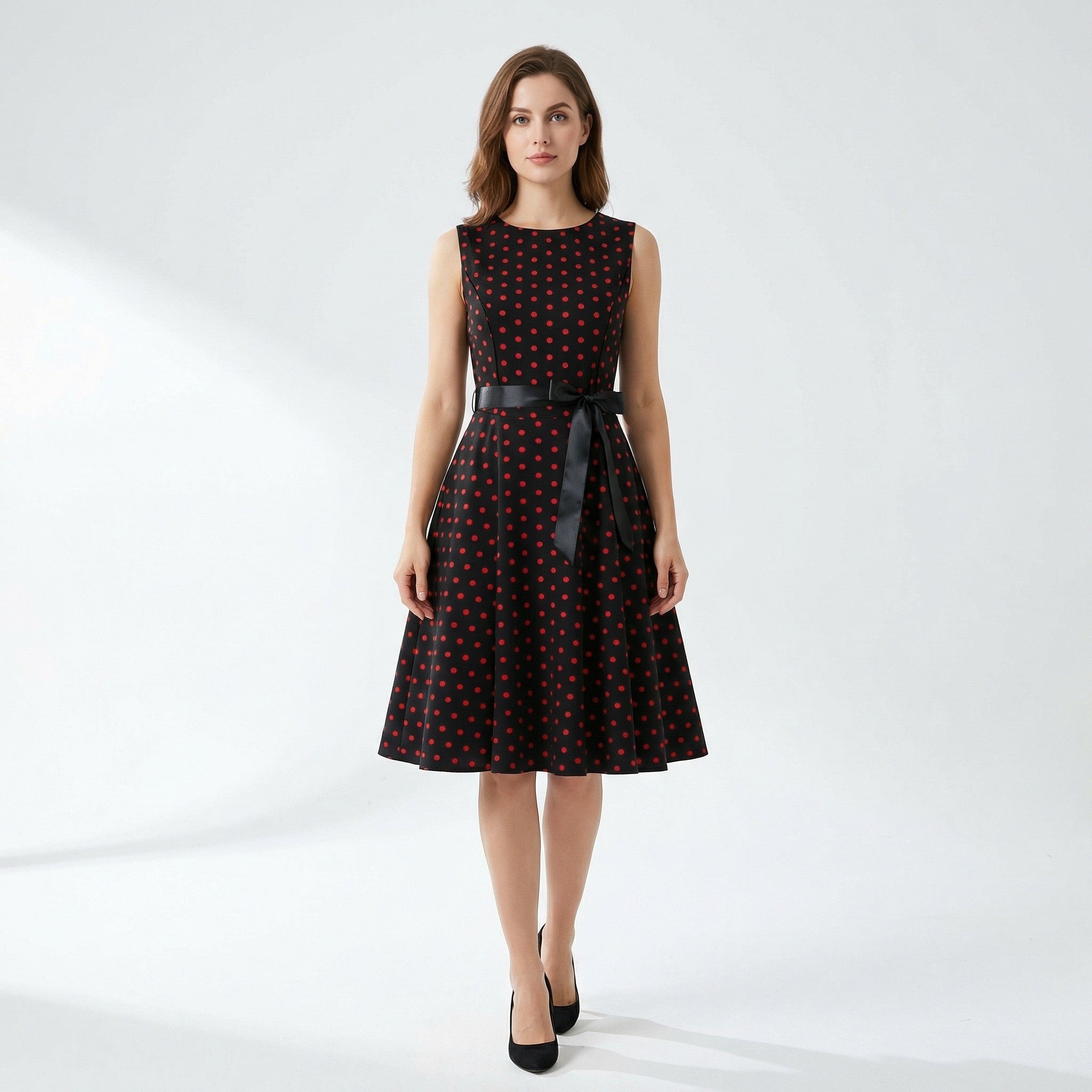 Women’s Sleeveless Polka Dot Dress – Fit and Flare Design