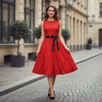 Women’s Sleeveless Polka Dot Dress – Fit and Flare Design