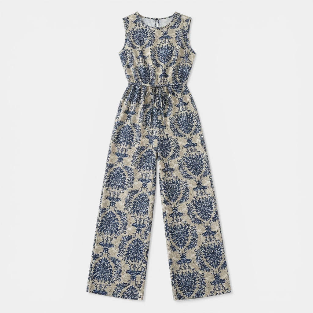 Women’s Sleeveless Printed Jumpsuit – Crew Neck Wide-Leg Style