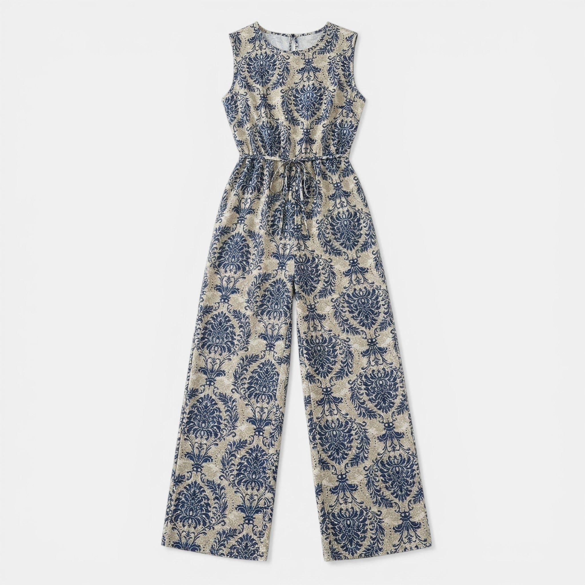 Women’s Sleeveless Printed Jumpsuit – Crew Neck Wide-Leg Style