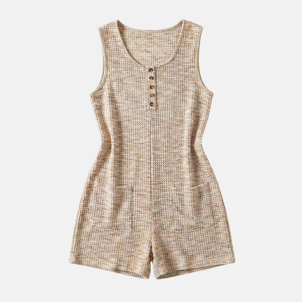 Women’s Sleeveless Textured Romper – Button Front Pocket Design