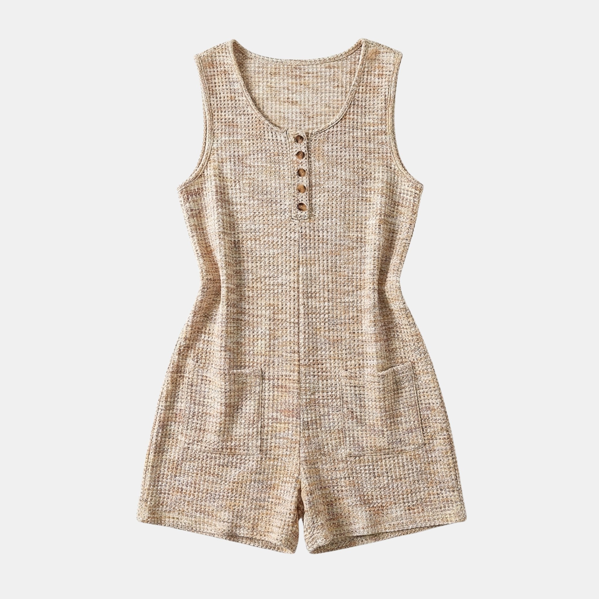 Women’s Sleeveless Textured Romper – Button Front Pocket Design