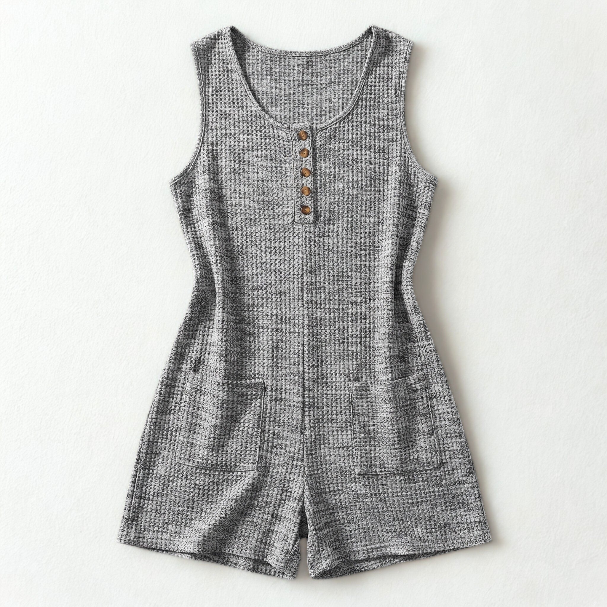 Women’s Sleeveless Textured Romper – Button Front Pocket Design