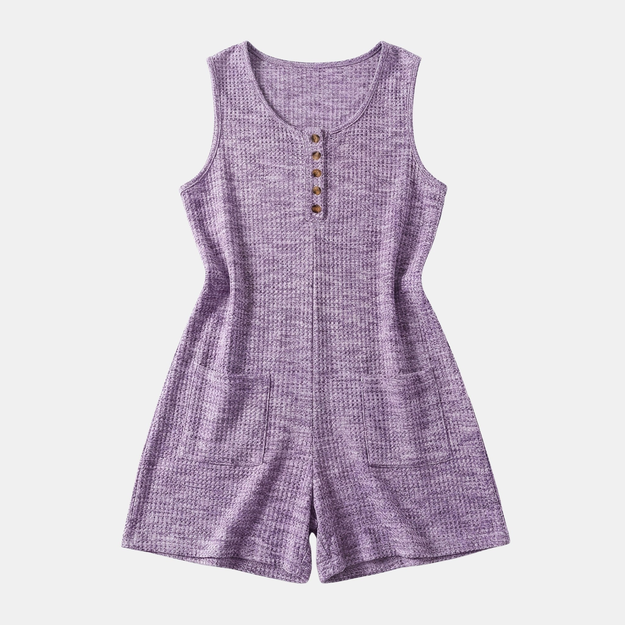 Women’s Sleeveless Textured Romper – Button Front Pocket Design