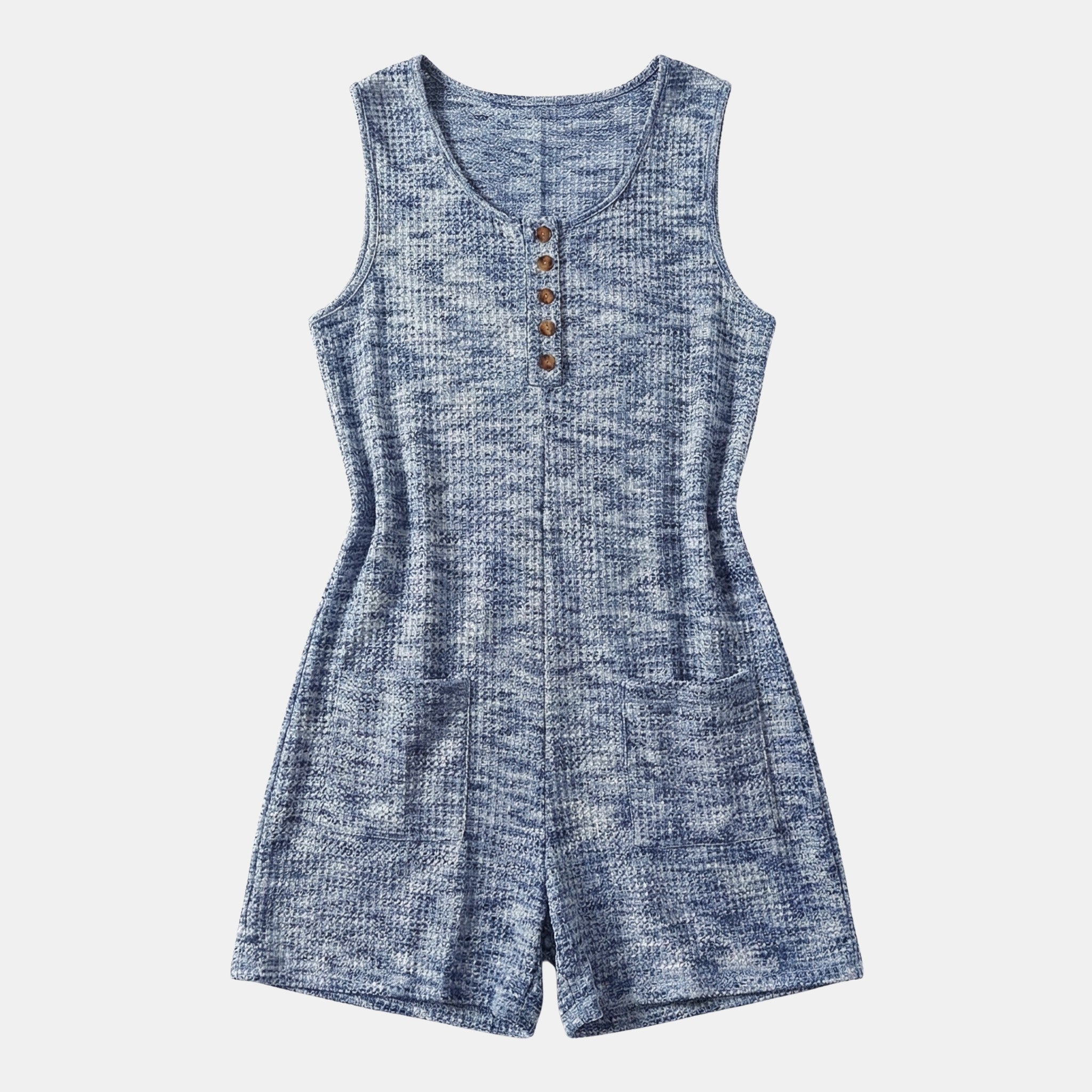 Women’s Sleeveless Textured Romper – Button Front Pocket Design